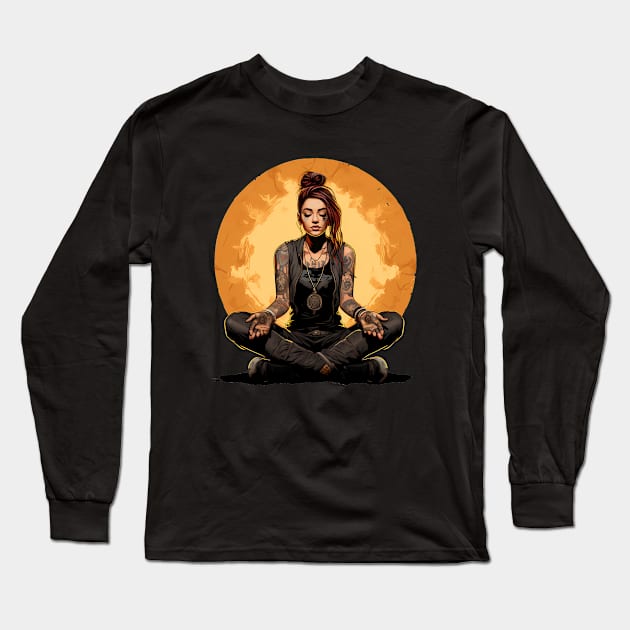 Calm as Hell - Meditating Punk Woman Long Sleeve T-Shirt by Wiscariot Art